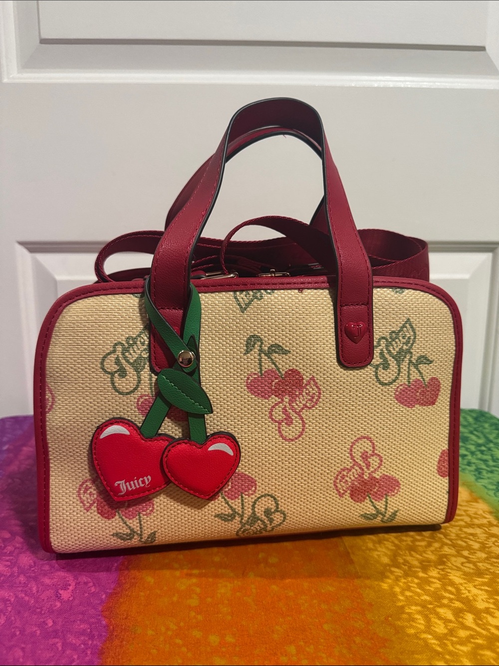 NEW Juicy Couture Beige Cherry-Print Satchel with Red Trim
